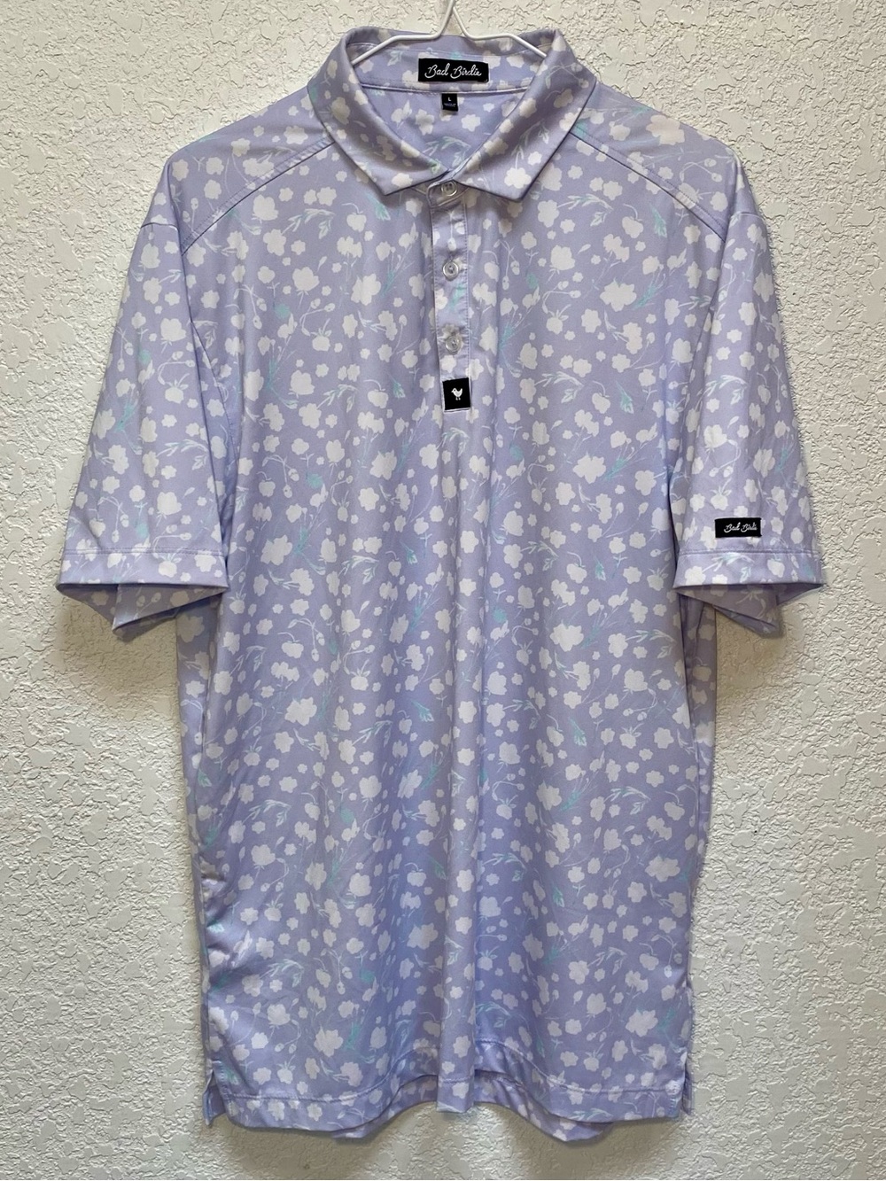Bad Birdie Polo Mens Large Lavender Baby Lush Core Performance Floral Golf Shirt